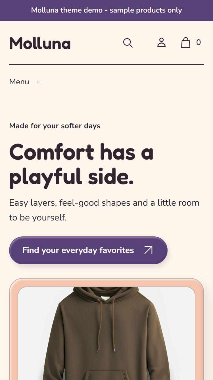 Actual Molluna mobile homepage with soft introduction and padded category pods.
