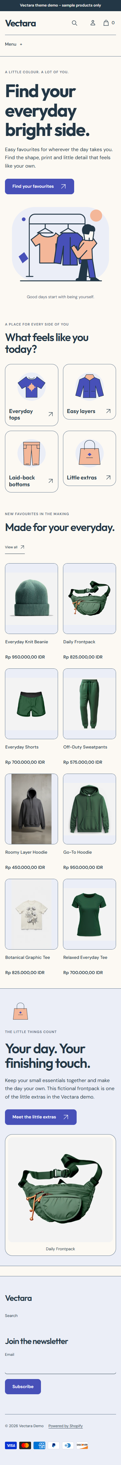 Actual Vectara mobile homepage with original wardrobe illustration, illustrated collection routes and clear product photos.