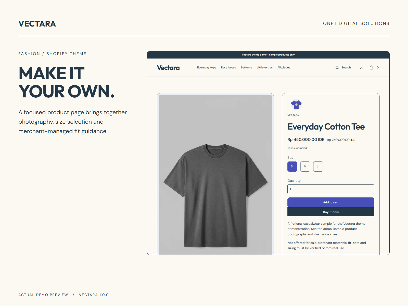 Actual Vectara product page with garment imagery, price and product options.