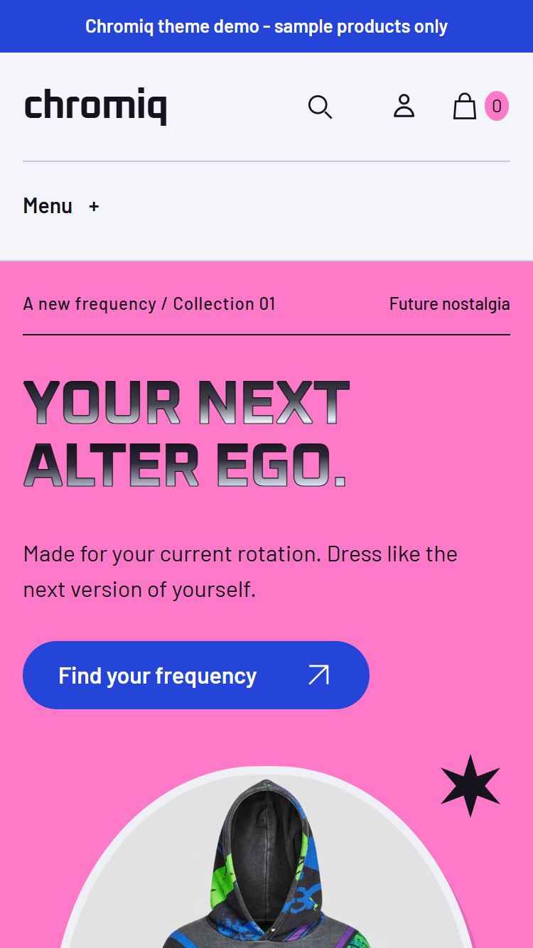 Actual Chromiq mobile homepage with Y2K cover campaign and capsule collections.