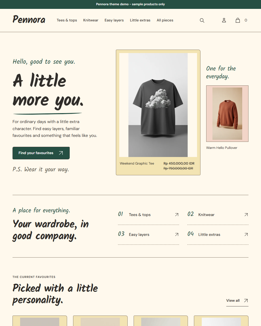 Actual Pennora desktop homepage with personal opening notes, wardrobe index and actual product photography.