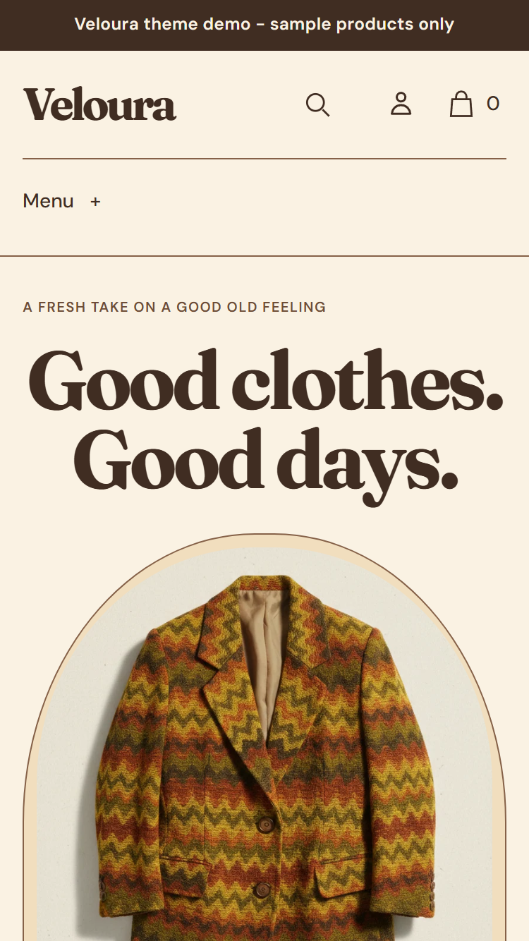 Actual Veloura mobile homepage with arched cover, wardrobe routes and warm product frames.