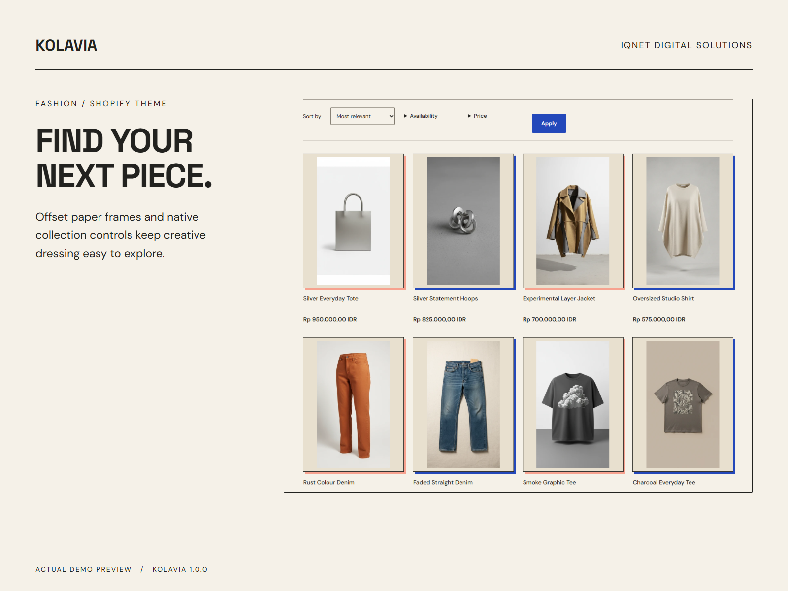 Actual Kolavia clothing collection with product cards and collection controls.