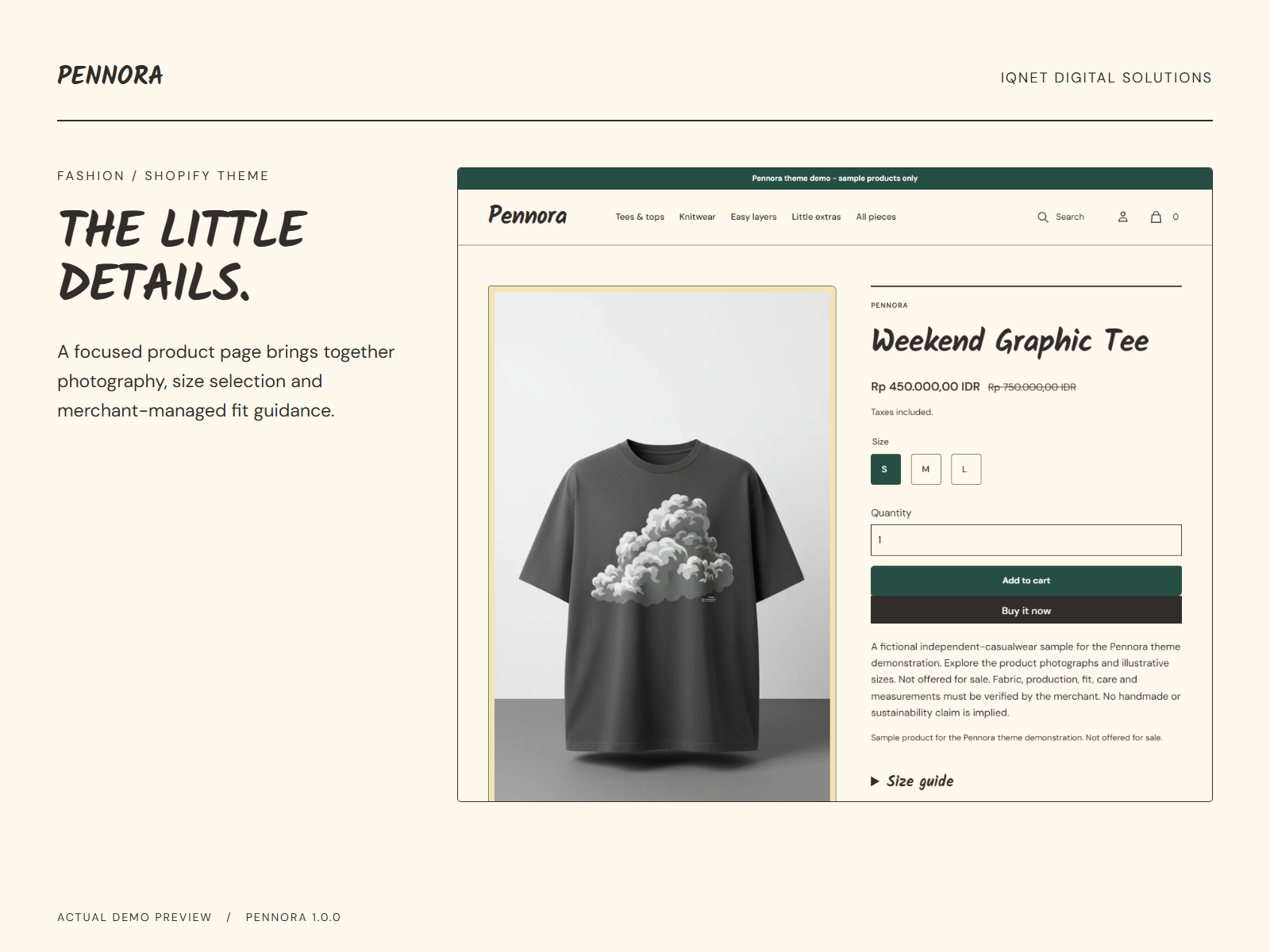 Actual Pennora product page with garment imagery, price and product options.