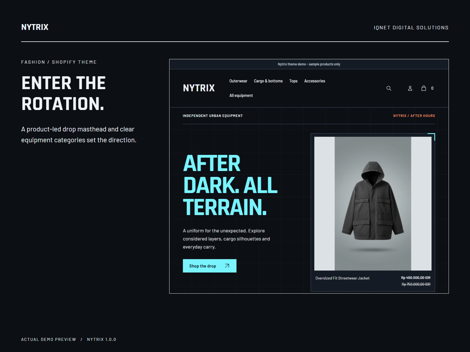 Nytrix tile-first homepage showing the urban drop, equipment index and technical product panels.