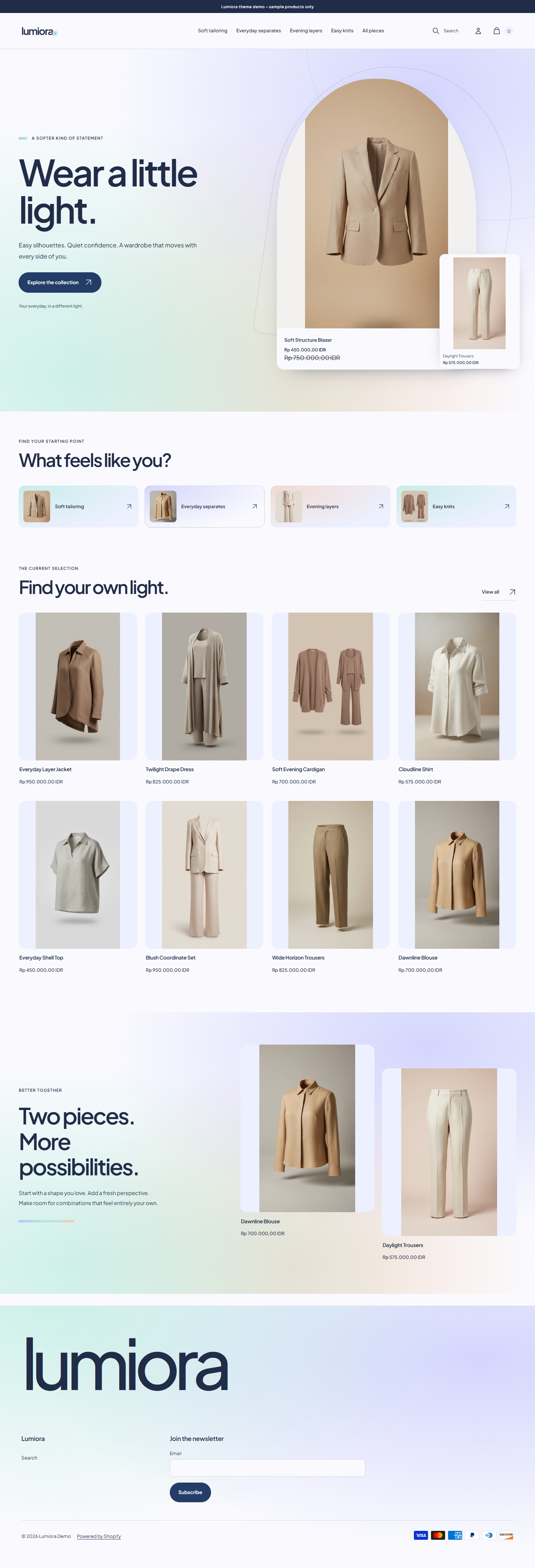 Actual Lumiora desktop homepage with Aurora light fields, clear collection routes and actual product photography.