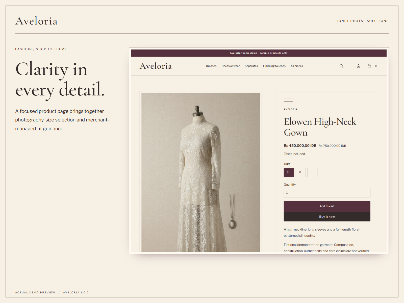 Actual Aveloria product page with garment imagery, price and product options.