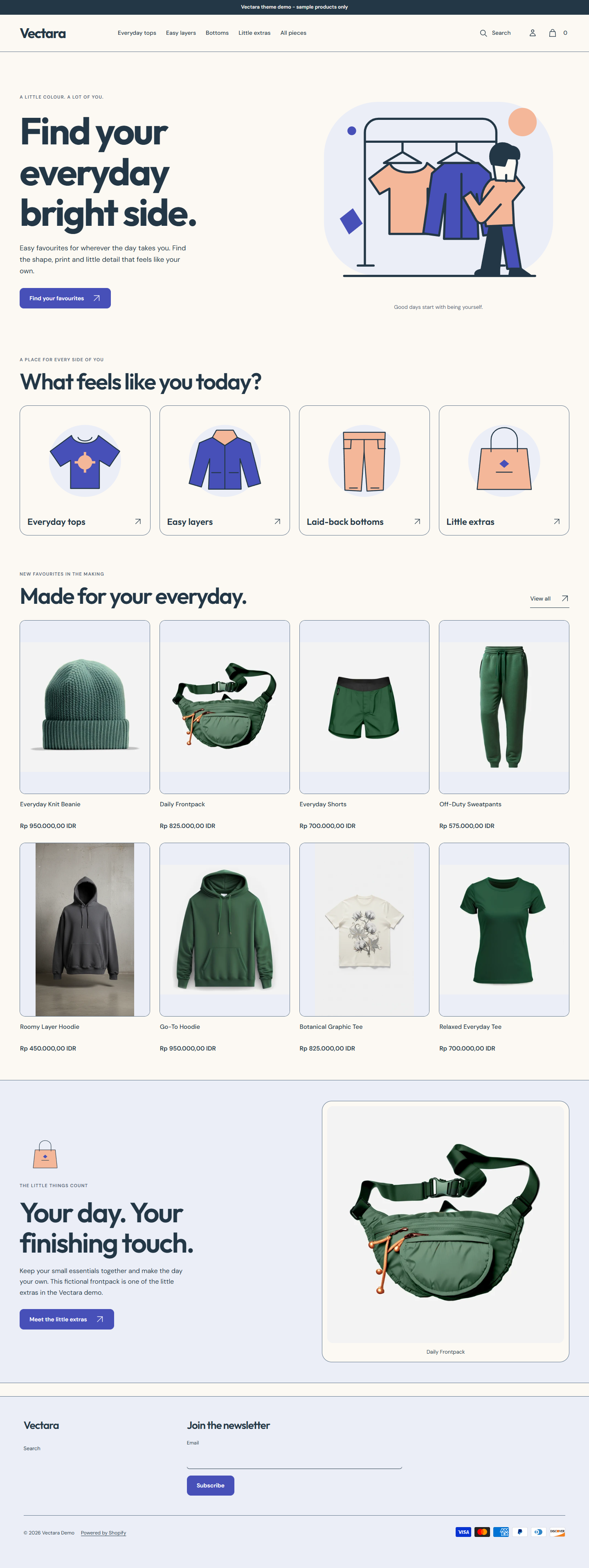 Actual Vectara desktop homepage with original wardrobe illustration, illustrated collection routes and clear product photos.