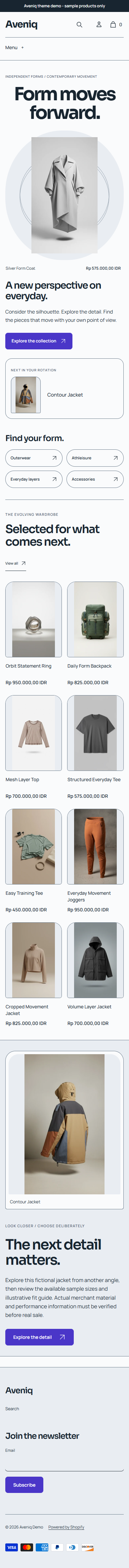 Actual Aveniq mobile homepage with spatial product stage, capsule collection routes and actual product photography.