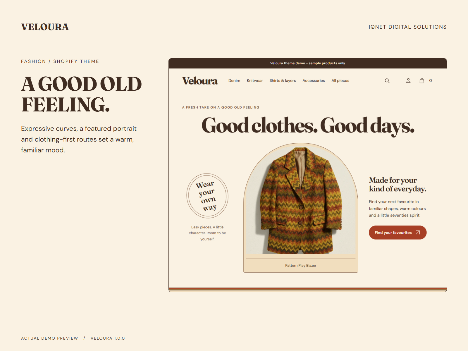 Veloura Retro homepage showing the arched cover, wardrobe routes and warm product frames.