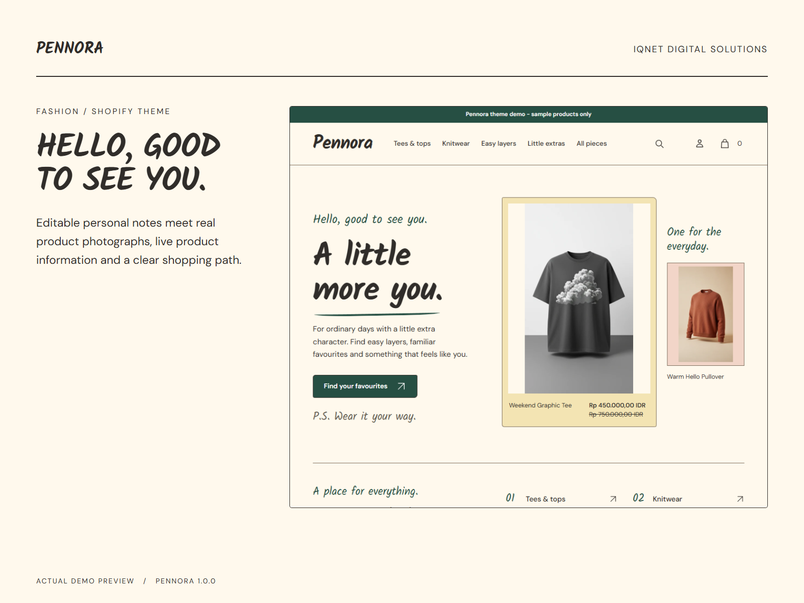 Pennora Handwritten homepage showing the personal opening notes, wardrobe index and actual product photography.