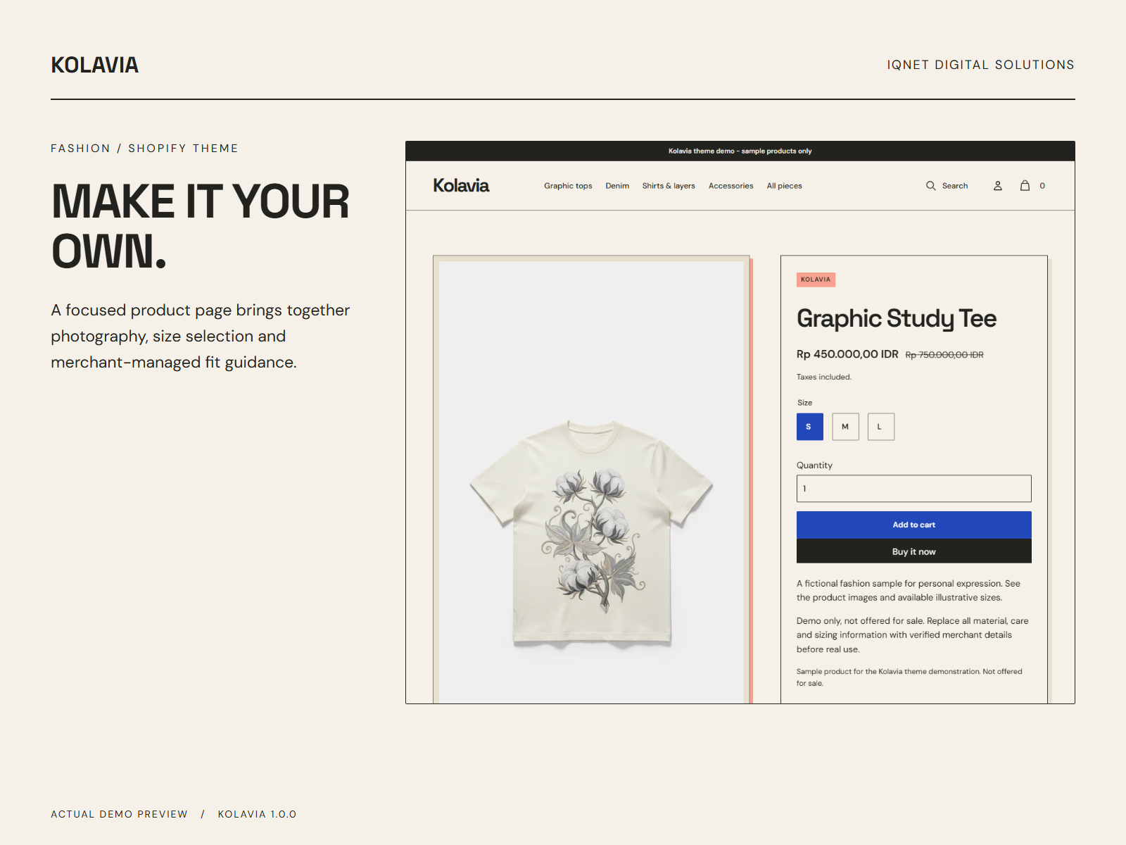 Actual Kolavia product page with garment imagery, price and product options.