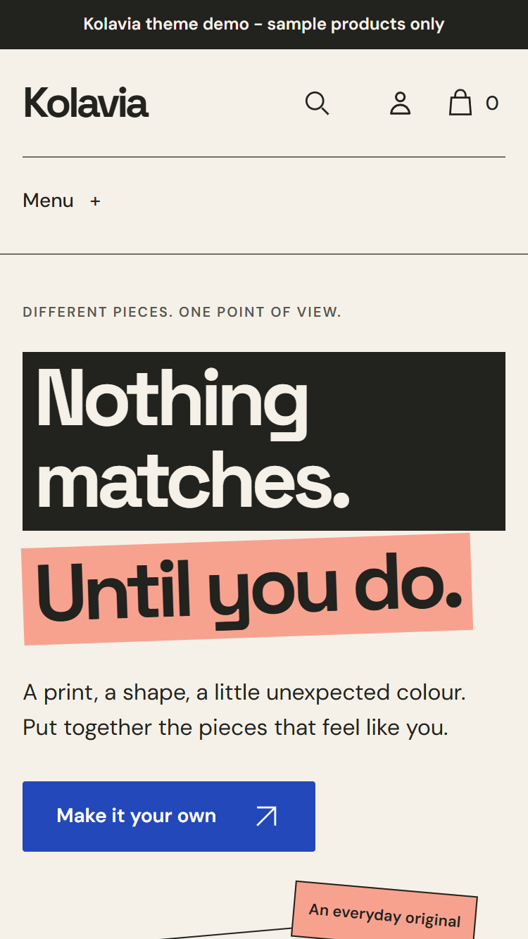Actual Kolavia mobile homepage with photo fragments, clothing routes and offset paper product frames.