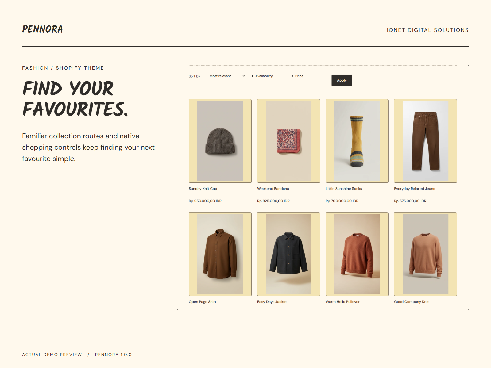 Actual Pennora clothing collection with product cards and collection controls.