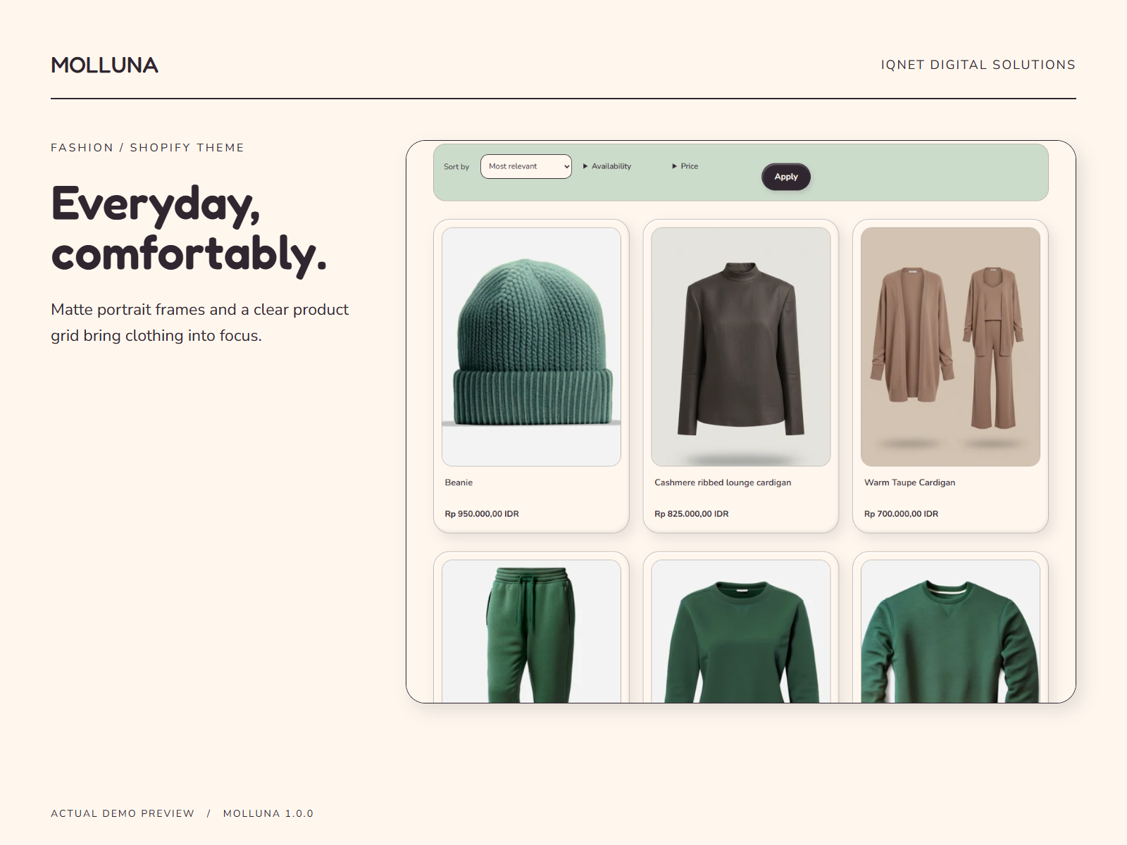 Actual Molluna clothing collection with product cards and collection controls.