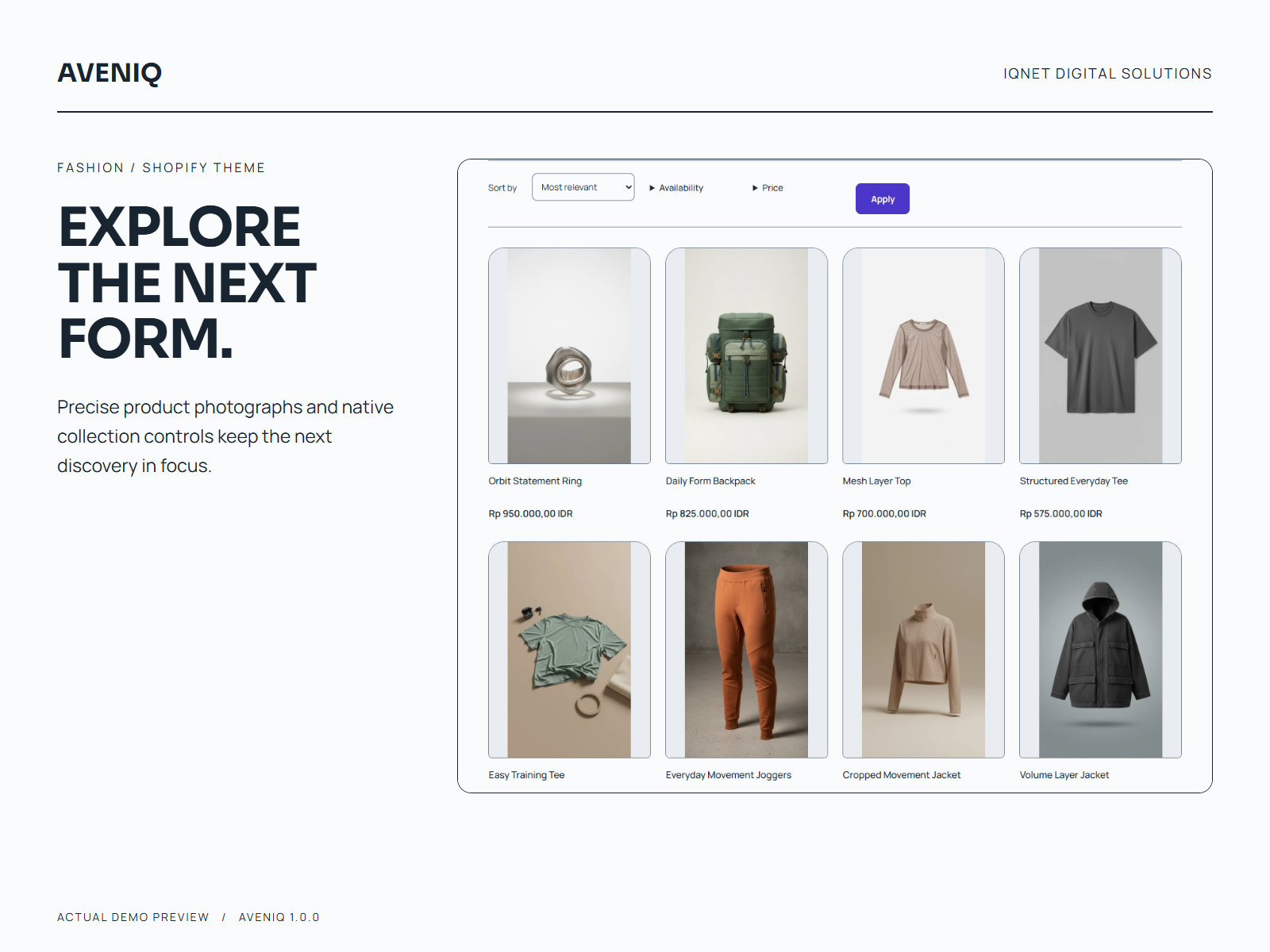 Actual Aveniq clothing collection with product cards and collection controls.