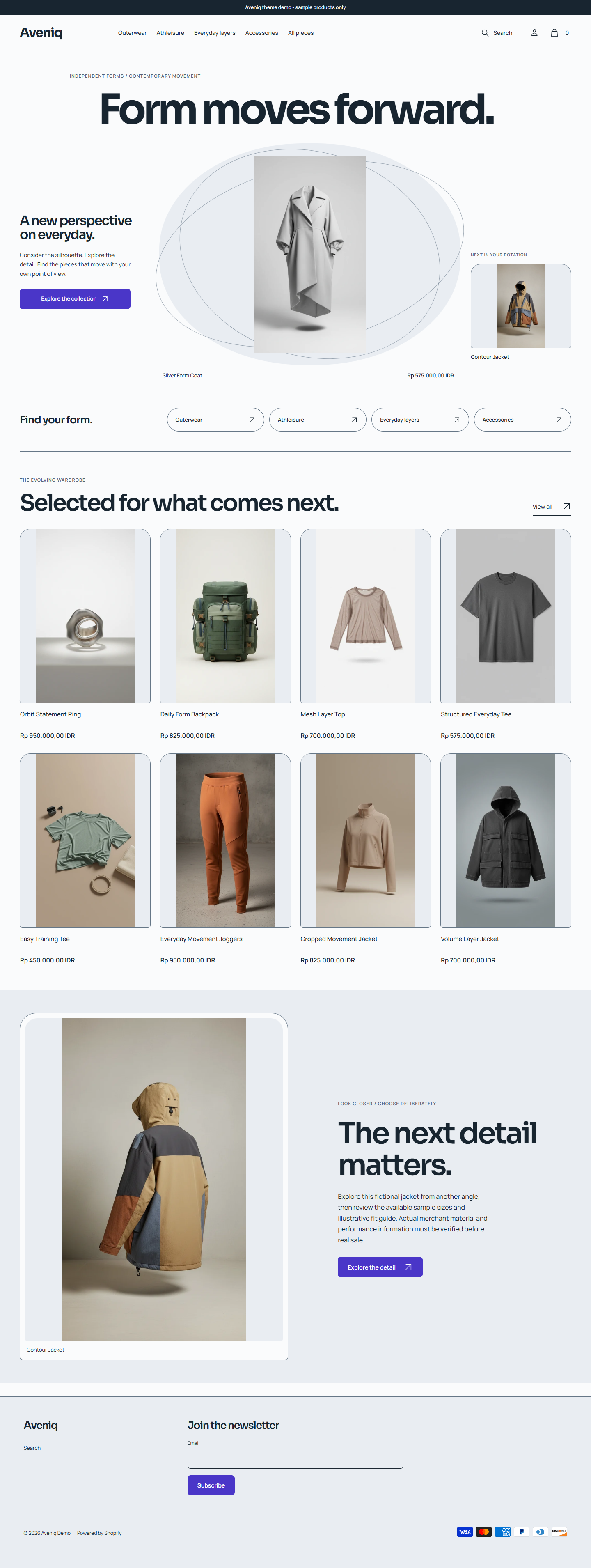 Actual Aveniq desktop homepage with spatial product stage, capsule collection routes and actual product photography.