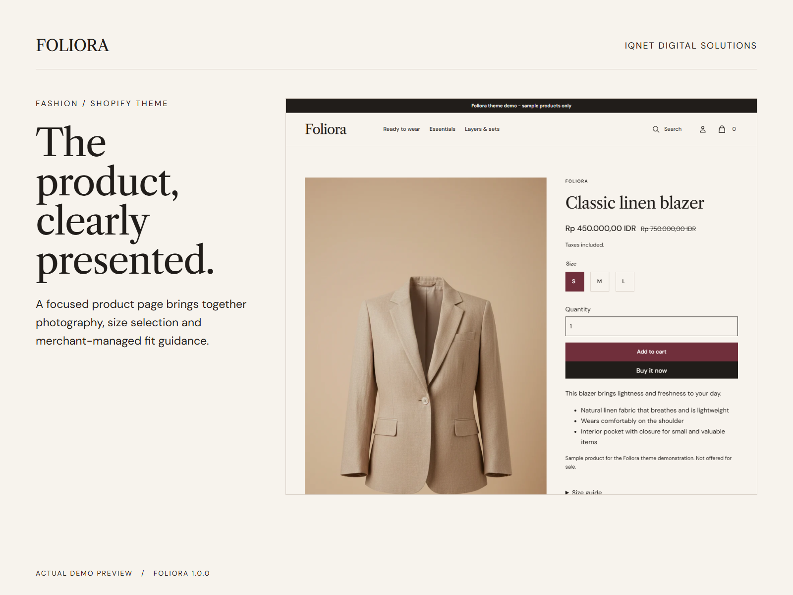 Actual Foliora product page with garment imagery, price and product options.