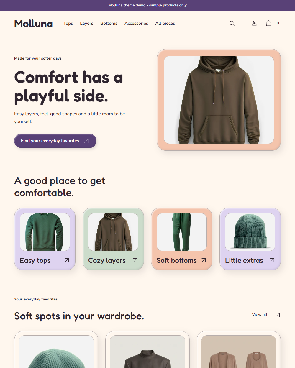 Actual Molluna desktop homepage with soft introduction and padded category pods.