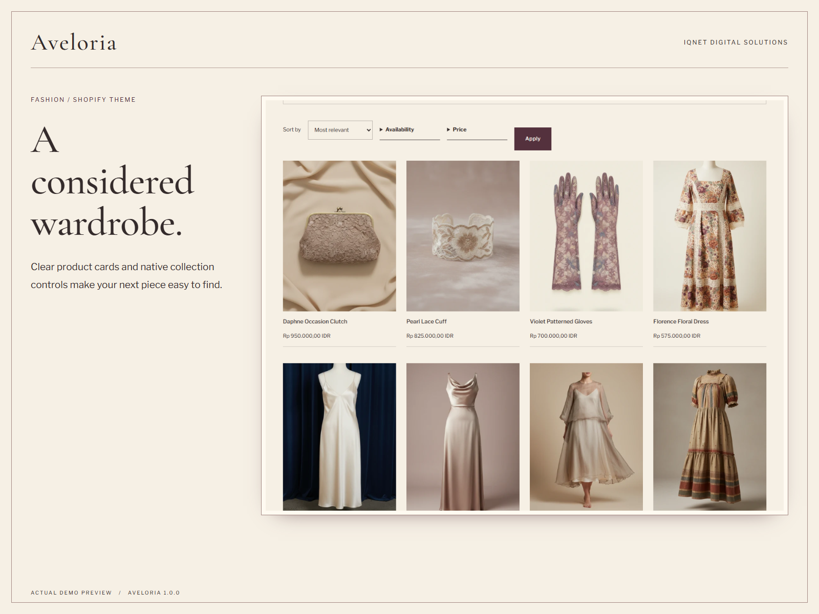 Actual Aveloria clothing collection with product cards and collection controls.