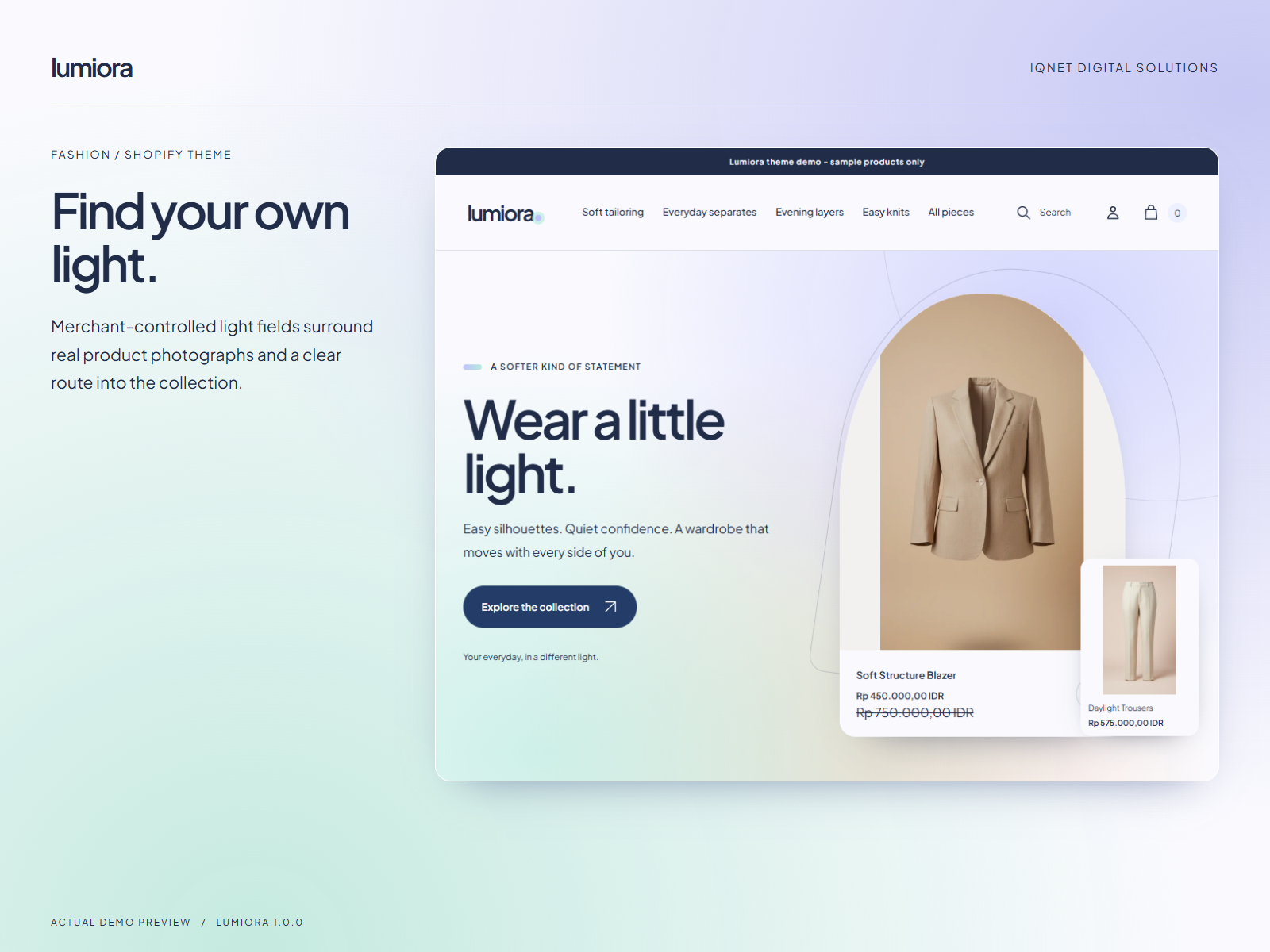 Lumiora Aurora homepage with atmospheric light fields, original product stage and actual fashion photography.
