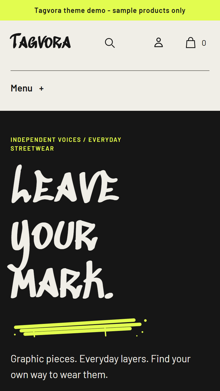 Actual Tagvora mobile homepage with Graffiti lettering, direct collection routes and actual product photography.