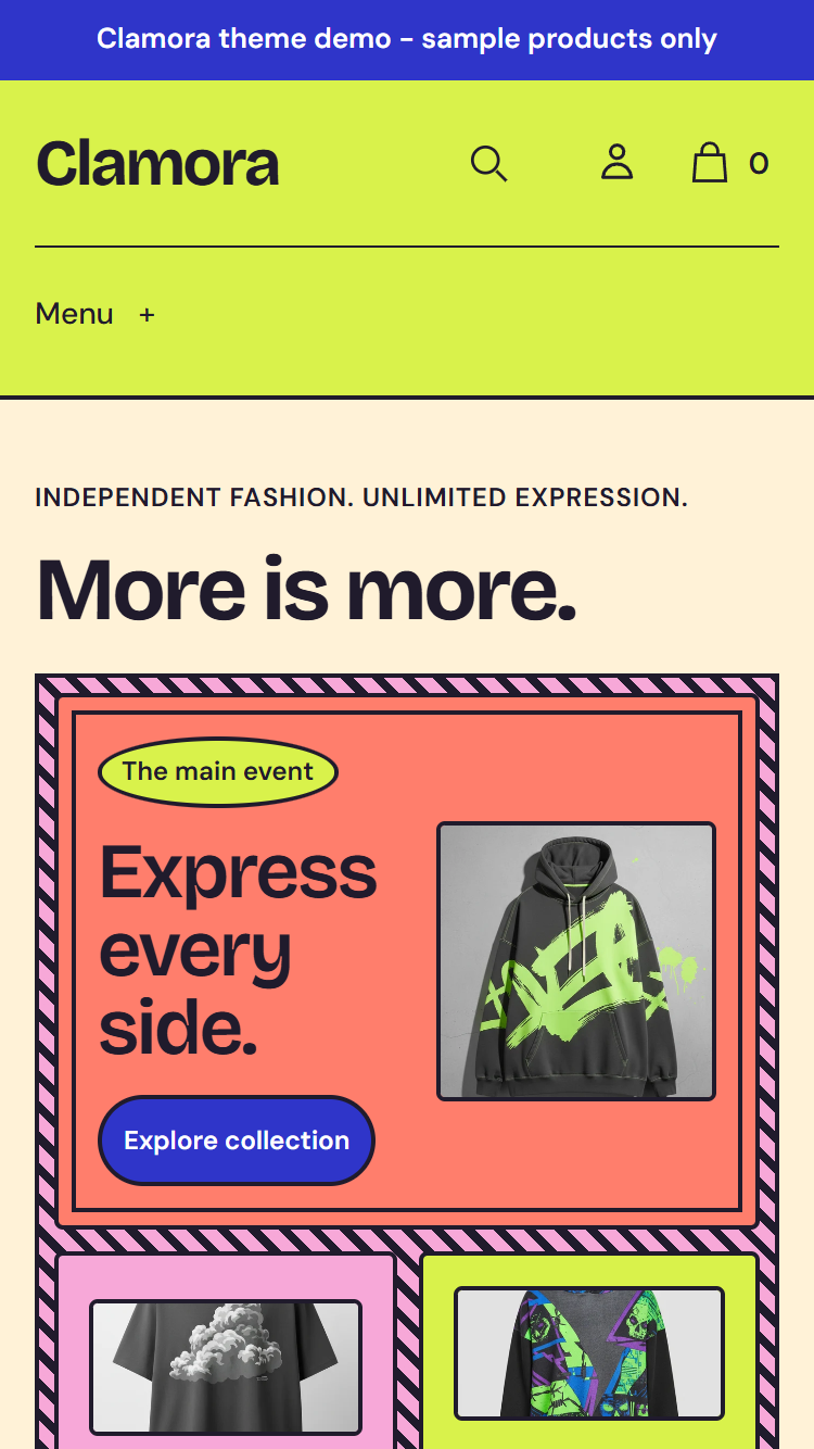 Actual Clamora mobile homepage with multi-panel shopping composition and bold categories.