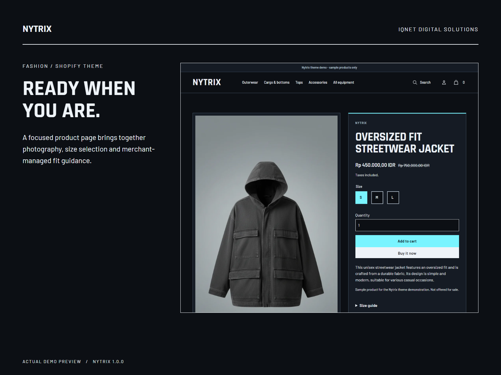 Actual Nytrix product page with garment imagery, price and product options.