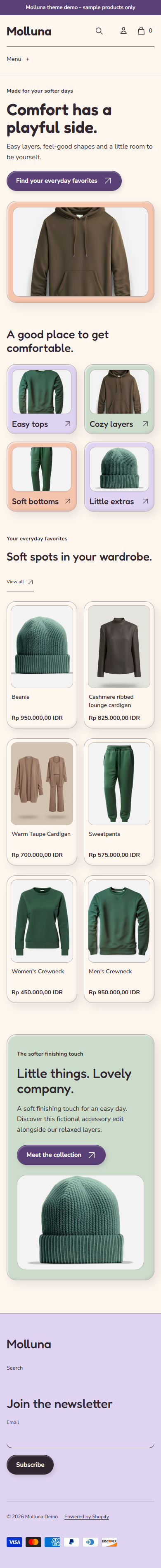 Actual Molluna mobile homepage with soft introduction and padded category pods.