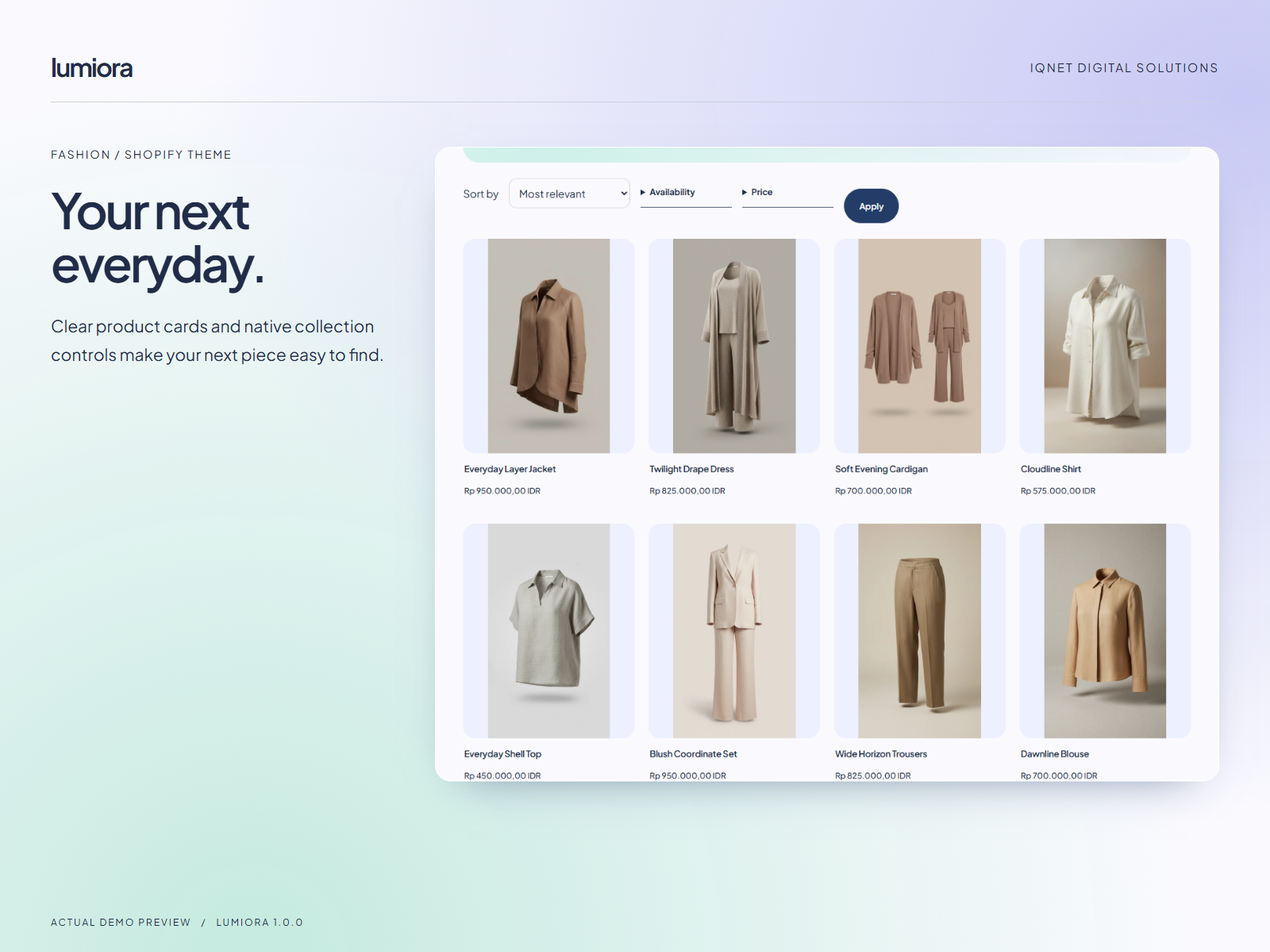 Actual Lumiora clothing collection with product cards and collection controls.