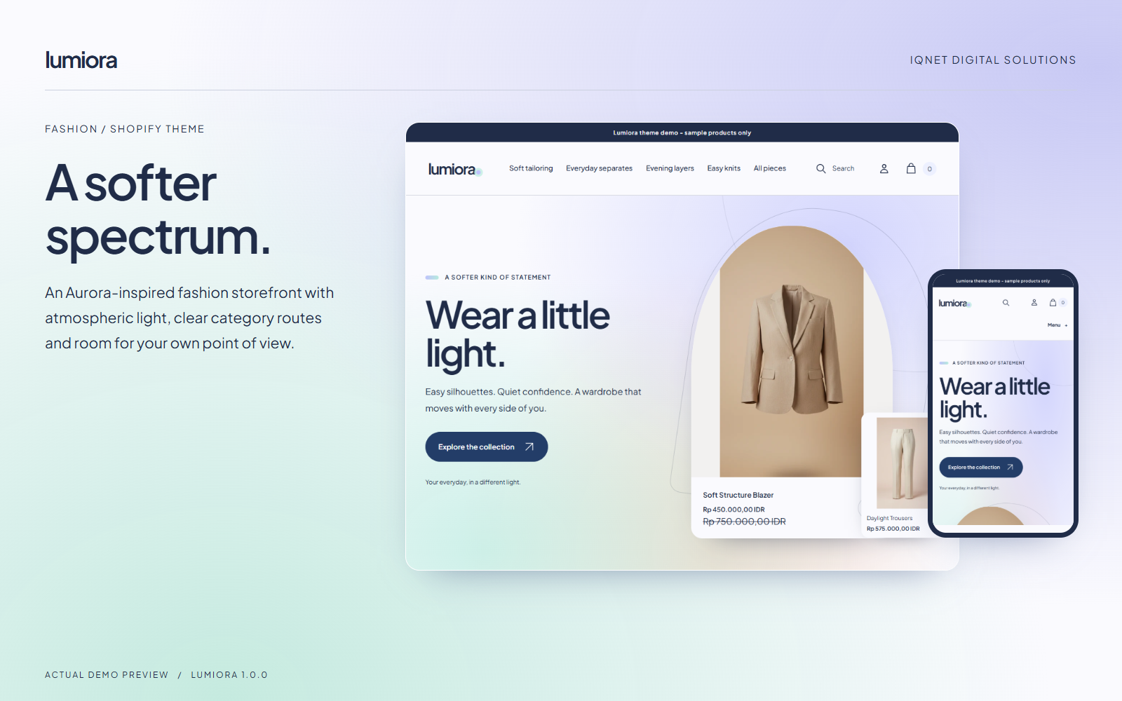 Lumiora catalog cover with actual desktop and mobile homepage previews.