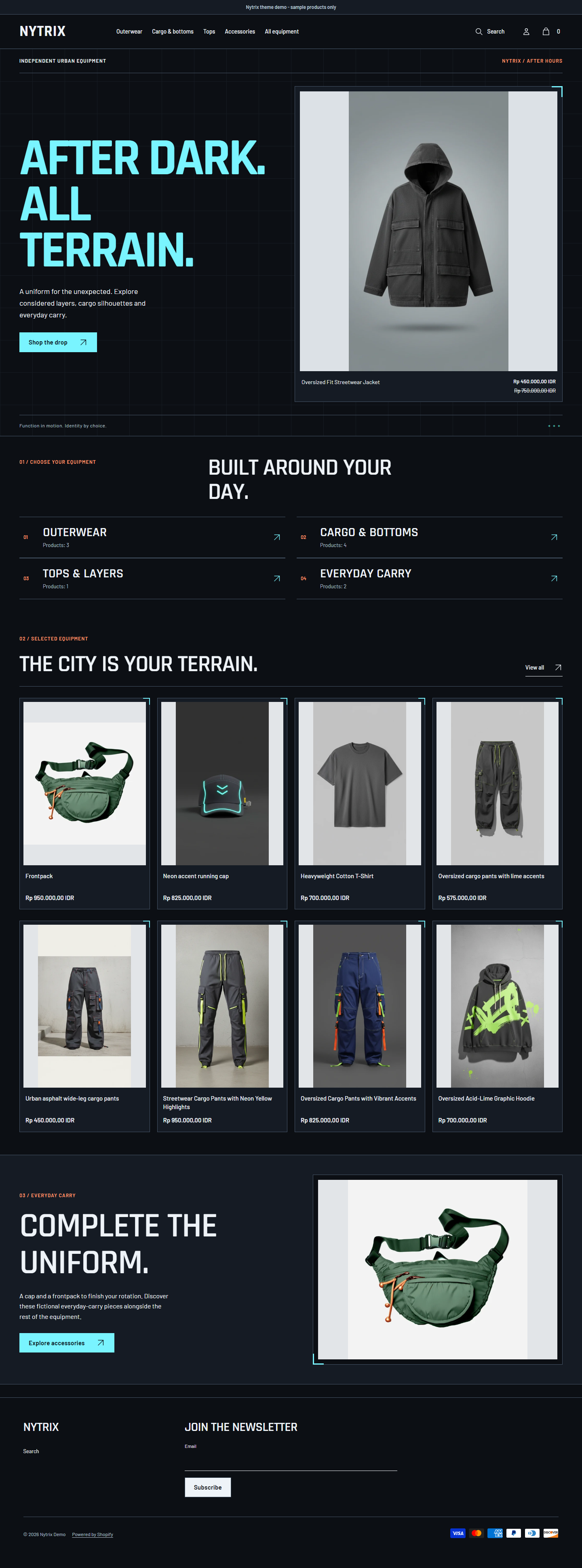 Actual Nytrix desktop homepage with urban drop, equipment index and technical product panels.