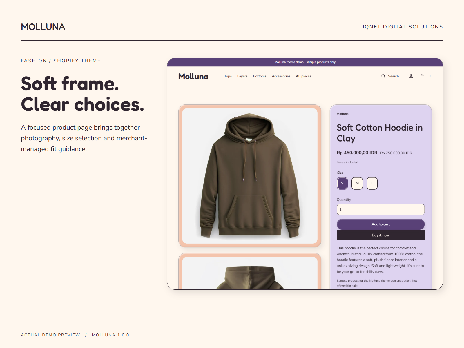 Actual Molluna product page with garment imagery, price and product options.