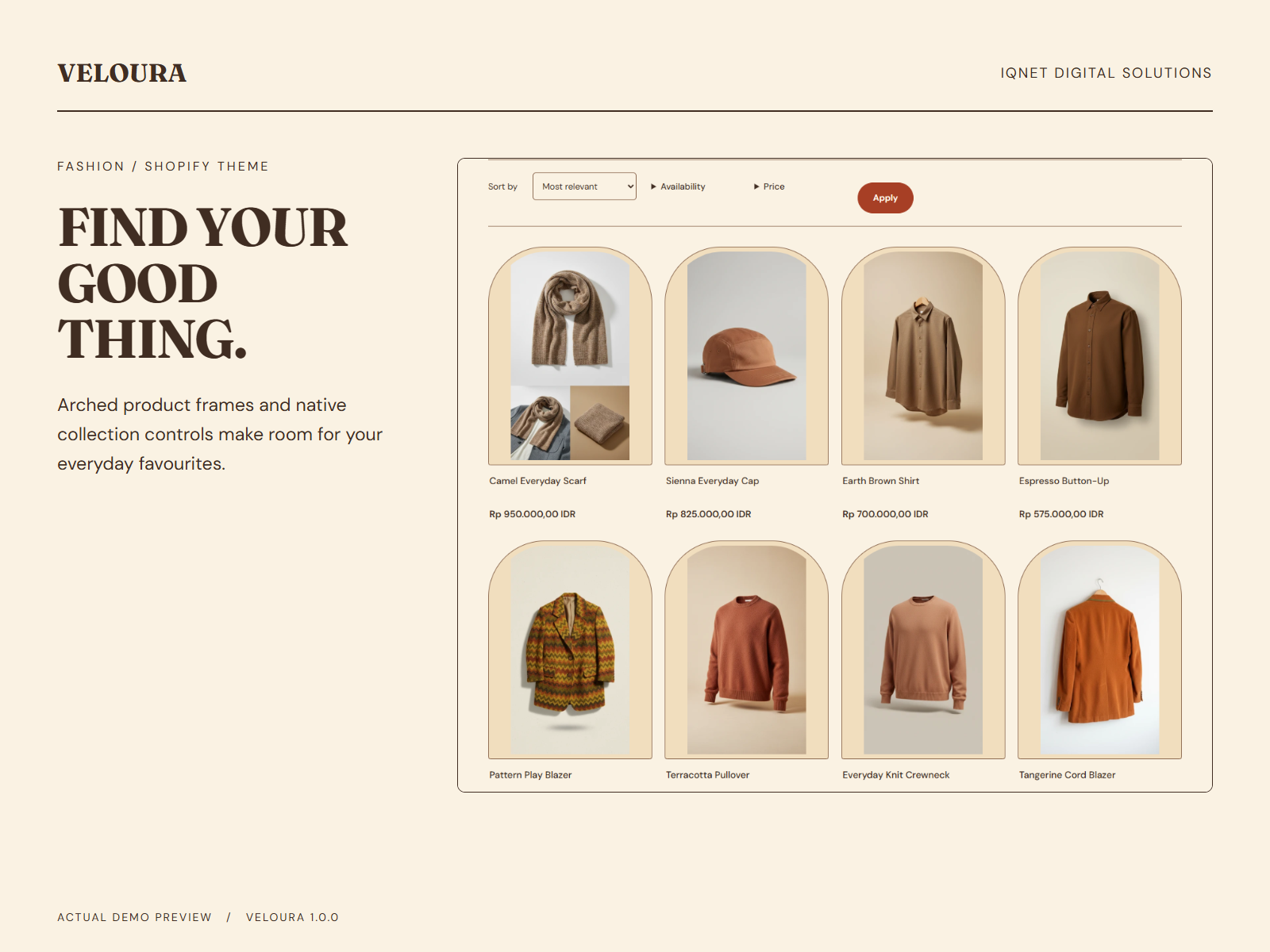 Actual Veloura clothing collection with product cards and collection controls.