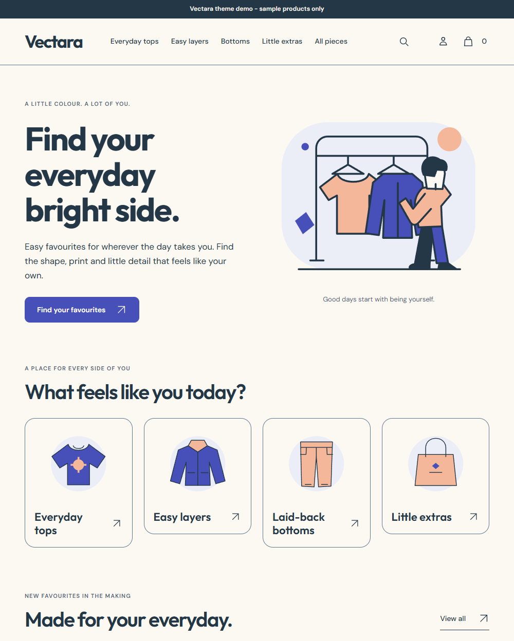 Actual Vectara desktop homepage with original wardrobe illustration, illustrated collection routes and clear product photos.