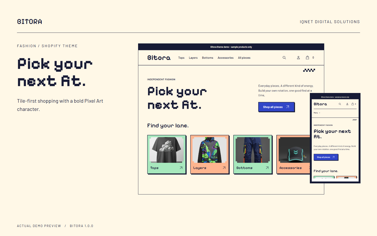 Bitora catalog cover with actual desktop and mobile homepage previews.