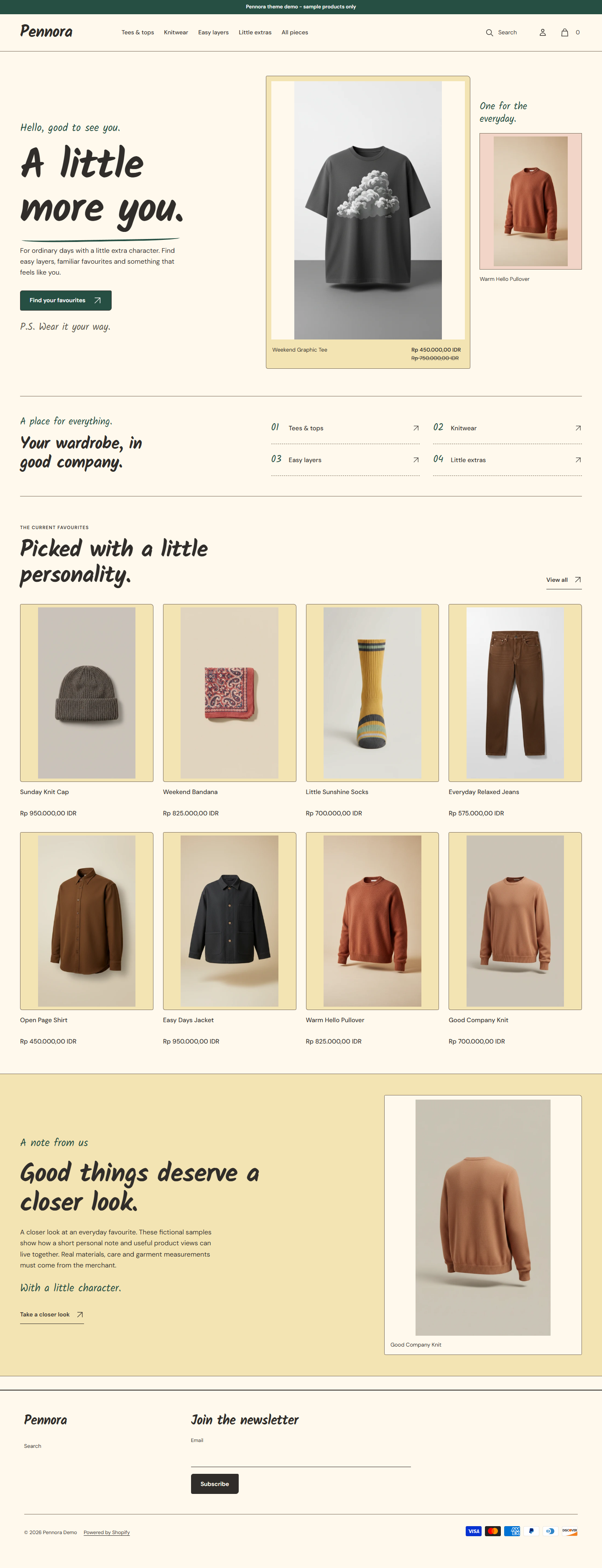 Actual Pennora desktop homepage with personal opening notes, wardrobe index and actual product photography.