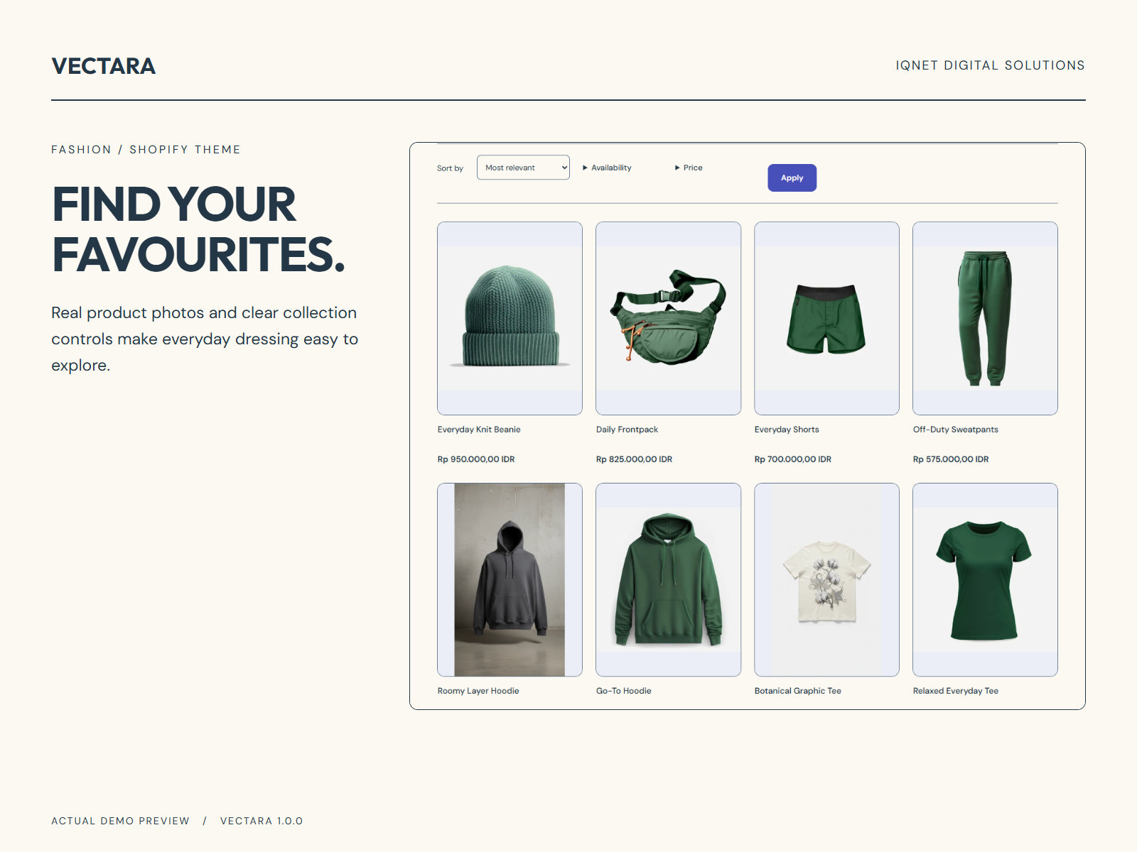 Actual Vectara clothing collection with product cards and collection controls.