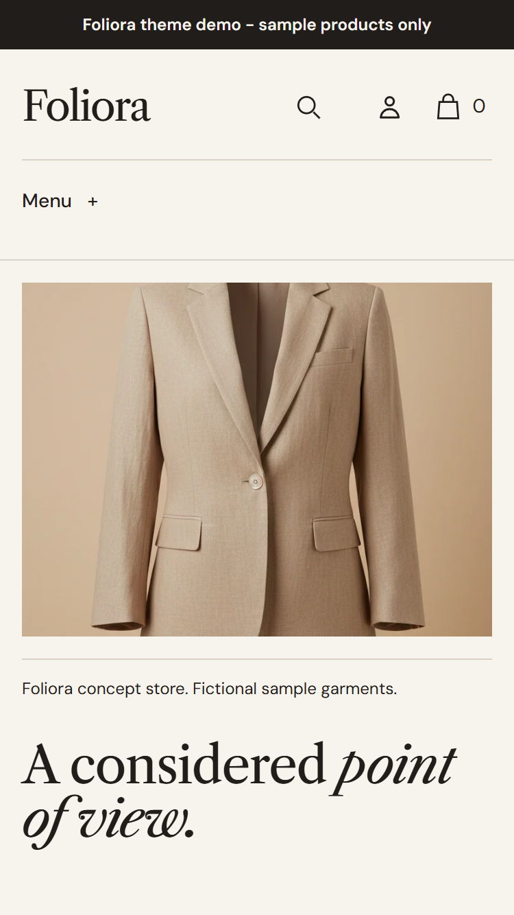 Actual Foliora mobile homepage with photographic cover and editorial spread.
