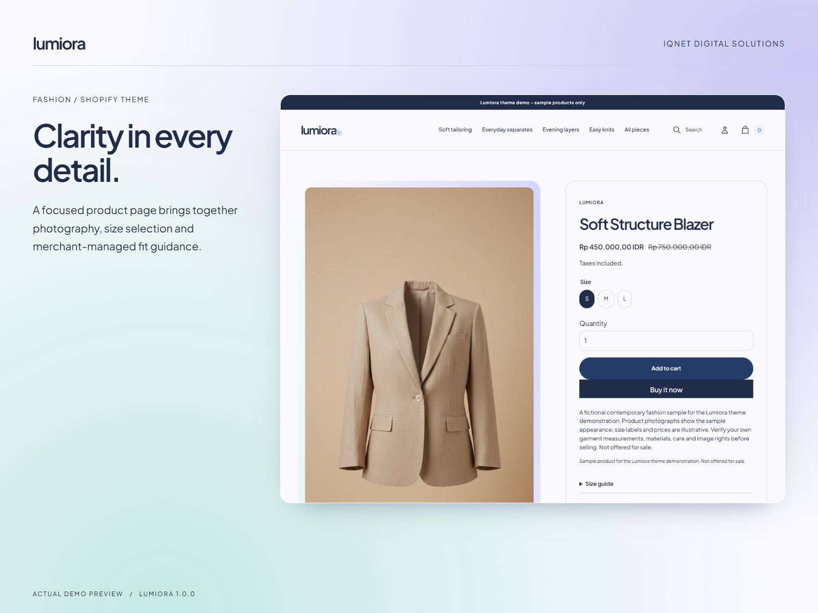 Actual Lumiora product page with garment imagery, price and product options.