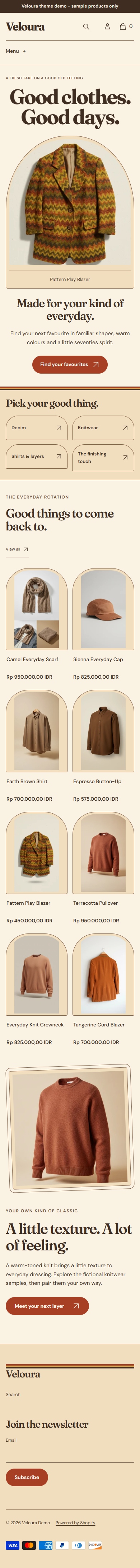Actual Veloura mobile homepage with arched cover, wardrobe routes and warm product frames.