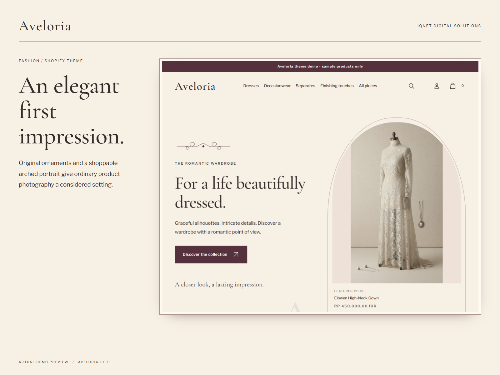 Aveloria Victorian-inspired homepage with original flourishes, arched garment portrait and real product information.
