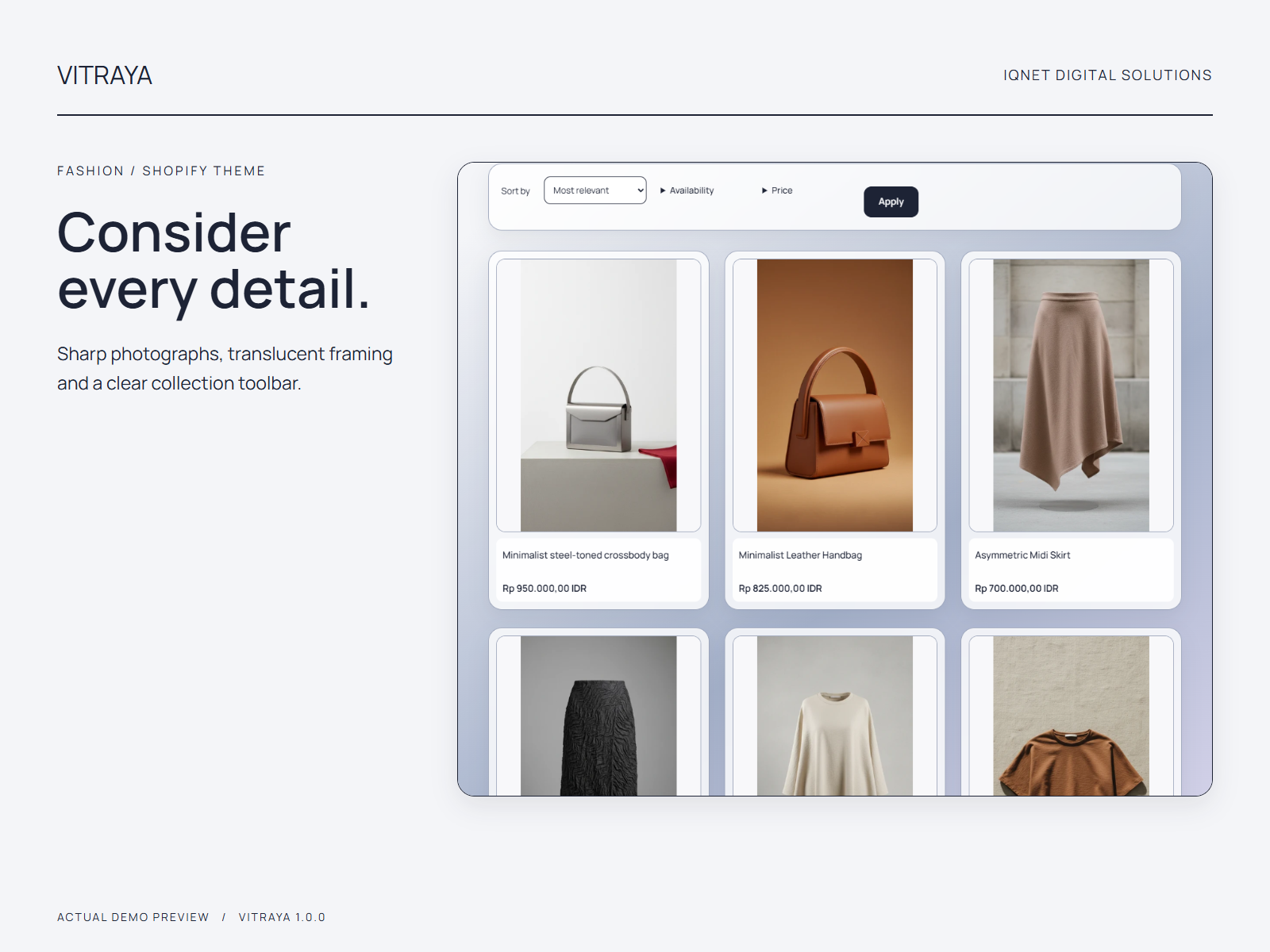 Actual Vitraya clothing collection with product cards and collection controls.