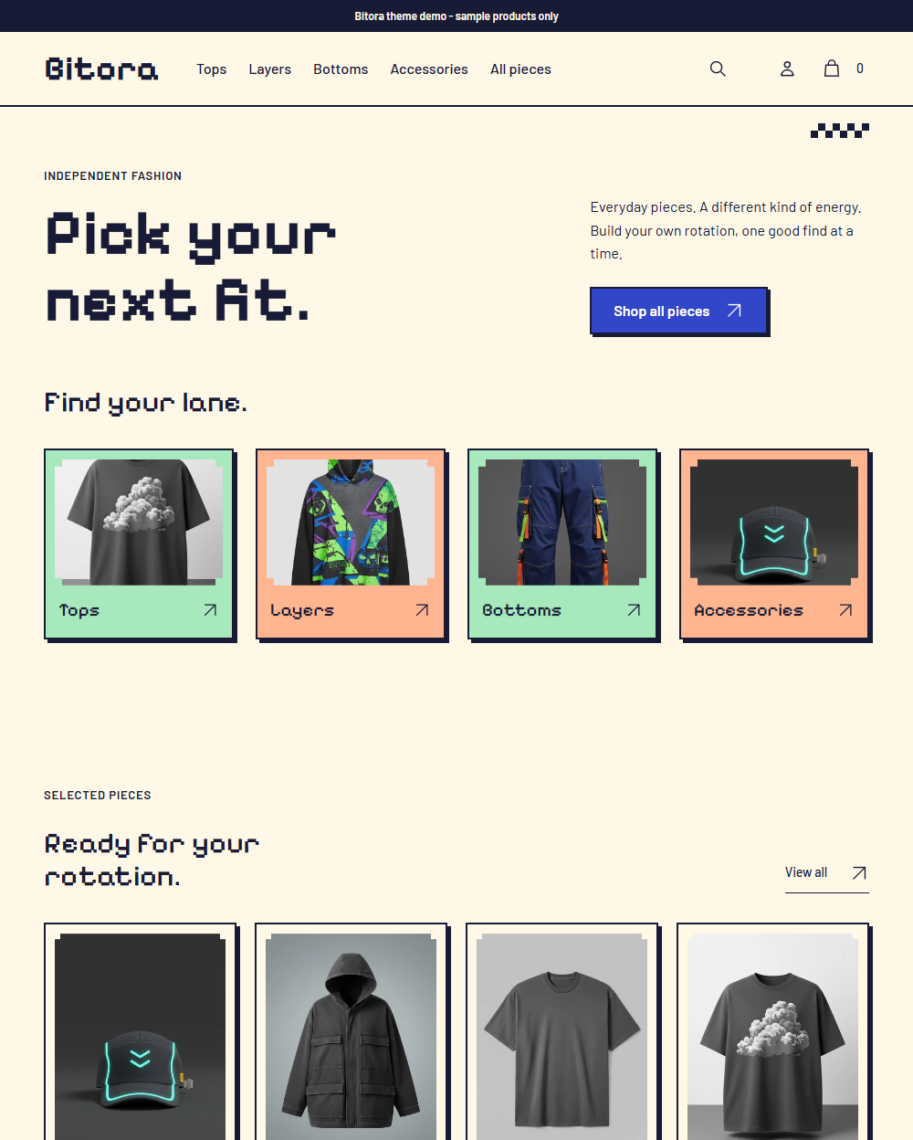 Actual Bitora desktop homepage with pixel masthead and category tile navigation.