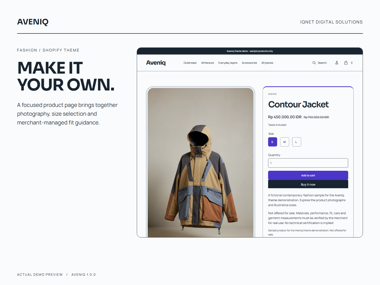 Actual Aveniq product page with garment imagery, price and product options.