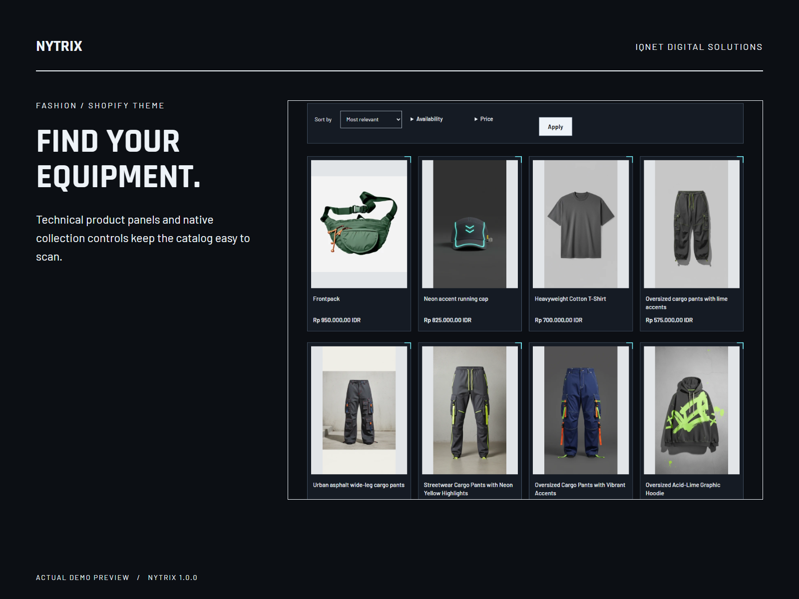 Actual Nytrix clothing collection with product cards and collection controls.
