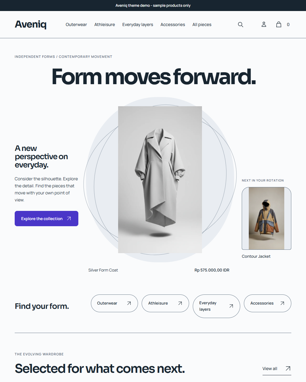 Actual Aveniq desktop homepage with spatial product stage, capsule collection routes and actual product photography.