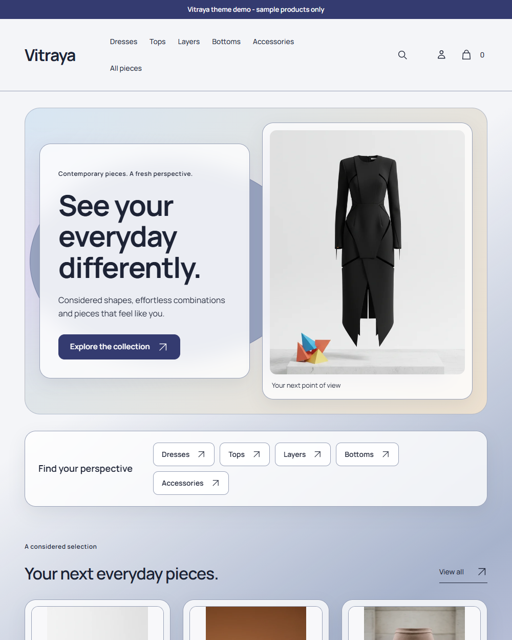 Actual Vitraya desktop homepage with layered collection stage and wrapping glass categories.