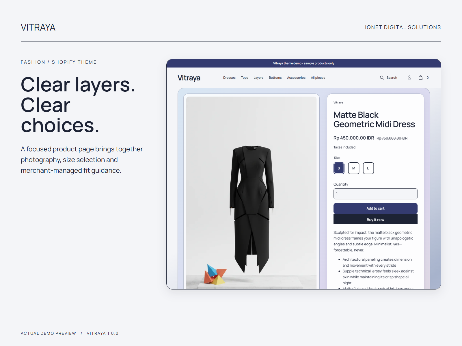 Actual Vitraya product page with garment imagery, price and product options.