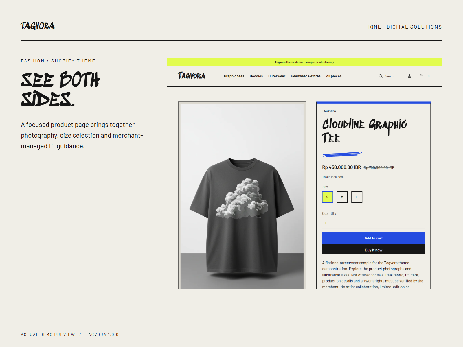 Actual Tagvora product page with garment imagery, price and product options.